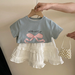 女宝宝套装洋气飞袖T恤2024夏装女童夏季休闲两件套儿童凉快衣服