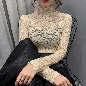 高领性感透视蕾丝小衫女长袖修身镂空上衣2020秋冬新款内搭打底衫