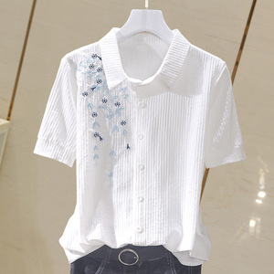 白色短袖t恤女2024夏季新款刺绣衬衫女韩版气质时尚洋气纯棉上衣