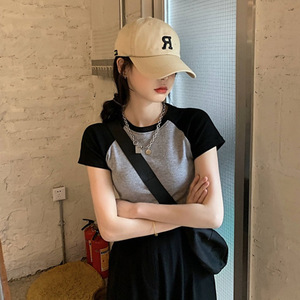 短袖t恤女2022年夏季chic港味复古撞色紧身短款打底衫上衣服ins潮