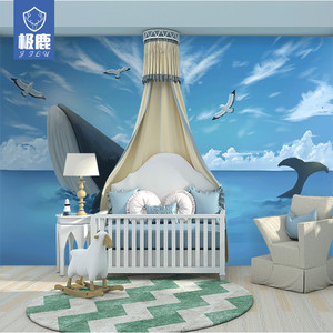 儿童房男孩卧室卡通装饰背景墙布壁纸3d蓝鲸主题海洋定制壁画墙纸