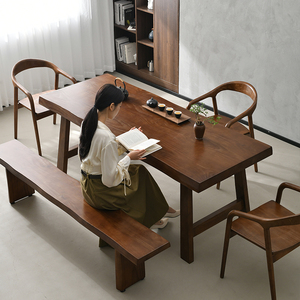 实木大板茶桌椅组合现代极简原木茶几茶台餐桌茶桌一体两用实木桌