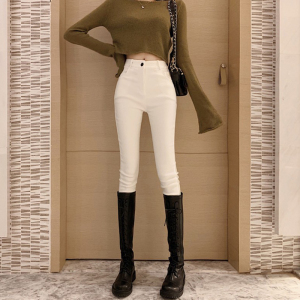 白色牛仔裤女春秋装新款修身弹力紧身小脚铅笔裤高腰九分裤子靴裤