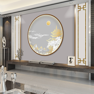 新中式电视背景墙壁纸2022新圆形8d轻奢墙纸3d山水壁画影视墙壁布