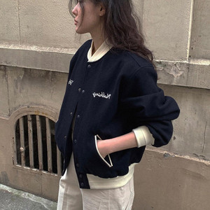 包邮2024代购女装韩国秋季羊毛棒球夹克 休闲字母拼色设计感外套