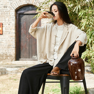 复古亚麻中国风女装春夏款中式上衣女盘扣禅服宽松居士休闲茶艺服