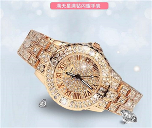 韩版时尚潮流水晶流沙玫瑰金钢带手表水钻女表 防水时装表 石英表