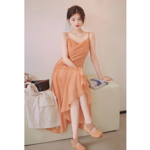 法式橙色吊带连衣裙女夏2024新款小个子高级感气质雪纺鱼尾长裙