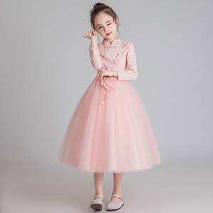 女童礼服公主裙花童婚礼小女孩中国风粉色洋气儿童钢琴演出服长袖