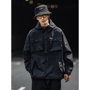 greentea 日系cityboy纯色多口袋工装夹克日潮宽松连帽上衣外套男