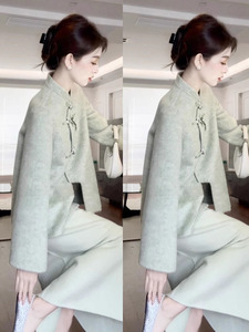 深冬装搭配一整套禅意新中式国风绿色毛呢外套半身裙两件套女茶系
