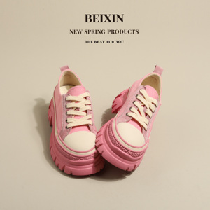 Beixin北信粉色厚底小白鞋女新款爆款粗跟绑带系带单鞋运动老爹鞋