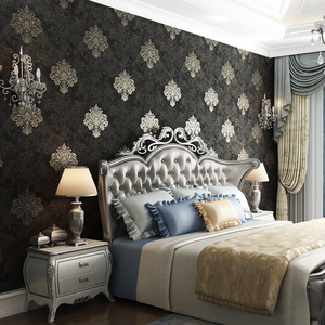 欧式复古奢华高档提花无缝壁布ab版大花黑金色深蓝色客厅背景墙布