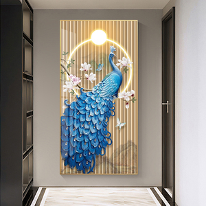 轻奢入户玄关装饰画走廊过道墙画镶钻简约新中式玄幻挂画吉祥孔雀