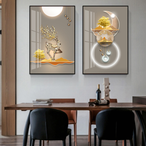 福鹿图双联餐厅装饰画创意山水挂画现代简约饭厅背景墙好寓意壁画