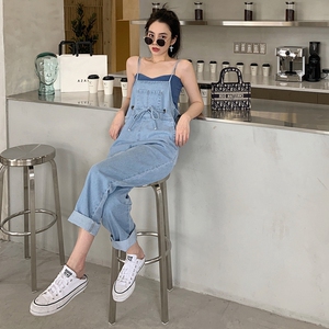 盐系牛仔背带裤女夏韩版宽松小个子网红薄款直筒阔腿裤吊带连体裤