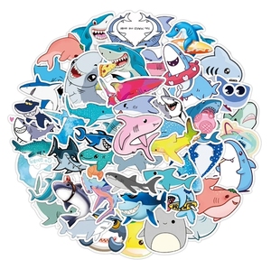 50张卡通可爱鲨鱼海洋生物涂鸦贴纸电瓶车行李箱笔记本电脑贴画