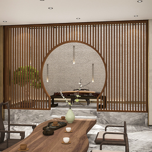 新中式实木屏风月亮门隔断客厅玄关酒店大厅月洞圆拱门弧形座屏