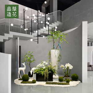 晶华仿真植物盆栽大型绿植造景橱窗场景布置大堂前台楼梯酒店装饰