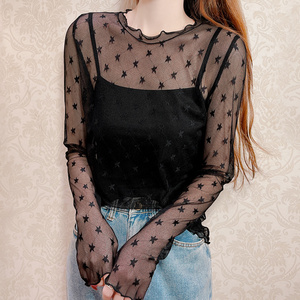 黑色透明网纱打底衫女春秋镂空透视纱衣木耳边蕾丝长袖t恤上衣薄