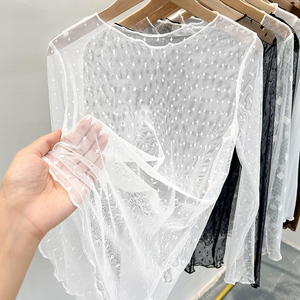 白色蕾丝打底衫女薄款透视波点防晒罩衫沙体t恤网纱性感透明上衣