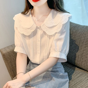 韩系甜美减龄雪纺衫女双层娃娃领白色衬衫小众别致五分袖上衣夏季