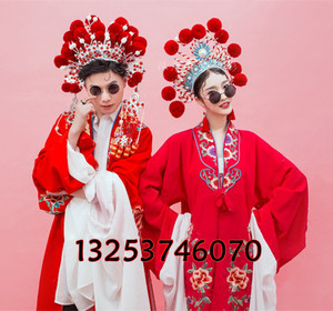 新款街拍嘻哈混搭婚纱装中国风戏服凤冠旅拍国潮情侣主题摄影服装
