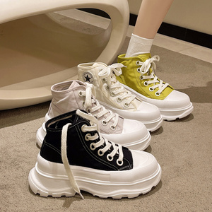 高帮帆布鞋女厚底2022夏季薄款欧洲站松糕增高老爹运动休闲小白鞋