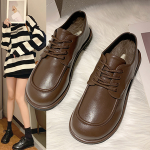 棕色小皮鞋女复古英伦风2021新款春秋冬季加绒软皮软底jk制服单鞋