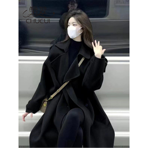黑色中长款毛呢大衣外套女秋冬季高级感韩系赫本风穿搭小个子风衣