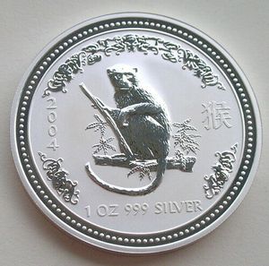 5802唐澳大利亚2004年中国甲申生肖猴年1盎司普制磨砂银币