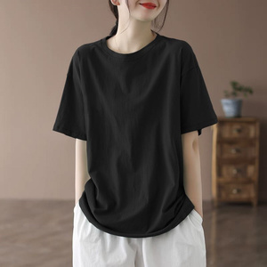 黑色纯棉短袖T恤女2024年夏季新款纯色简约宽松休闲圆领半袖上衣