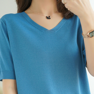 夏季冰丝t恤女短袖韩版针织t恤v领宽松半袖背心女士内搭上衣外穿