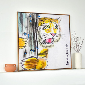 新年挂画唐伯虎老虎惊讶图生物礼物戏虐大猫可爱虎头虎脑油画