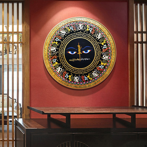 唐卡玄关挂画密宗雪狮子镇宅西藏族释迦牟尼佛禅意圆形客厅装饰画