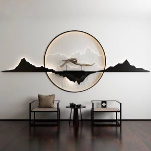 新中式客厅沙发背景墙禅意山水装饰挂件茶室创意墙面铁艺立体壁挂