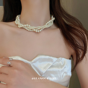 法式复古珍珠多层项链时尚个性气质颈链锁骨链设计感麻花缠绕项饰