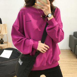 玫红色圆领刺绣纯棉卫衣女秋季新款韩版大码显瘦百搭长袖休闲上衣