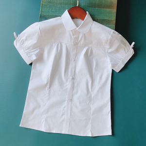 2022夏季女童短袖白衬衣蝴蝶结袖口女孩纯棉校服白色衬衫表演礼服