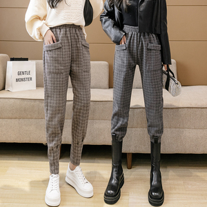 毛呢格子哈伦裤女秋冬季2022新款高腰显瘦九分小脚裤搭配马丁靴裤