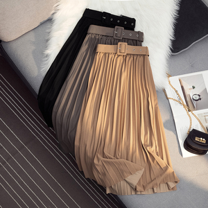 松紧腰带百褶半身裙女2020秋季新款显瘦高腰过膝小个子中长款裙子