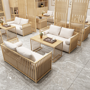 新中式茶楼禅意卡座沙发现代茶餐厅民宿酒店大堂包厢铁艺桌椅组合