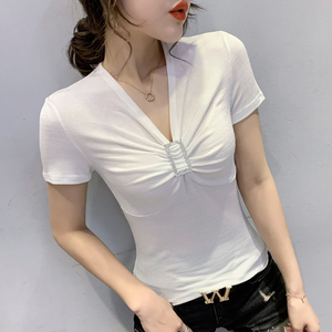 性感露锁骨上衣女2021夏季新款欧货时尚烫钻打底衫百搭短袖t恤潮