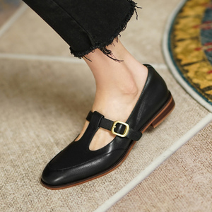 新款复古学院风平跟单鞋手工小皮鞋女丁字带真皮浅口玛丽珍女鞋