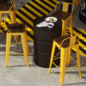 奶茶店桌椅组合铁艺高脚实木靠背椅创意油桶工业风酒吧清吧吧台椅