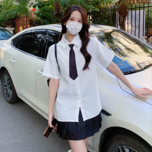 jk制服套装短袖白色衬衫女夏季领带衬衣班服学生学院风小个子上衣
