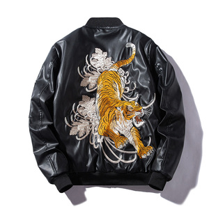 秋秋装男士潮流皮衣休闲夹克帅气个性老虎时尚刺绣印花机车外套
