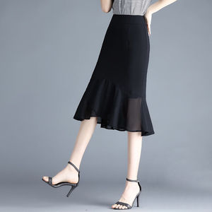 黑色雪纺半身裙女夏季2024新款高腰短裙包臀裙显瘦荷叶边鱼尾裙子