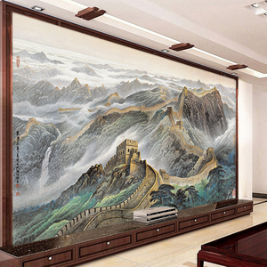 万里长城国画电视背景墙布龙抬头山水壁画办公室壁纸中式影视墙纸