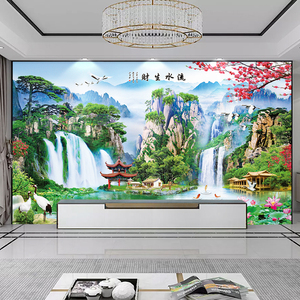 流水生财山水风景电视背景墙壁画高山流水墙纸中堂影视墙布8d壁纸